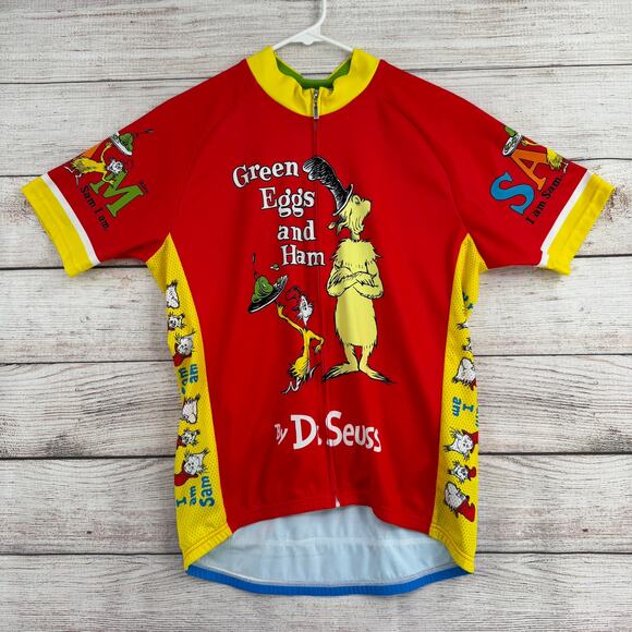 Retro PDX Green Eggs and Ham Dr. Seuss Cycling Jersey Adult Large Red Yellow - Picture 1 of 12